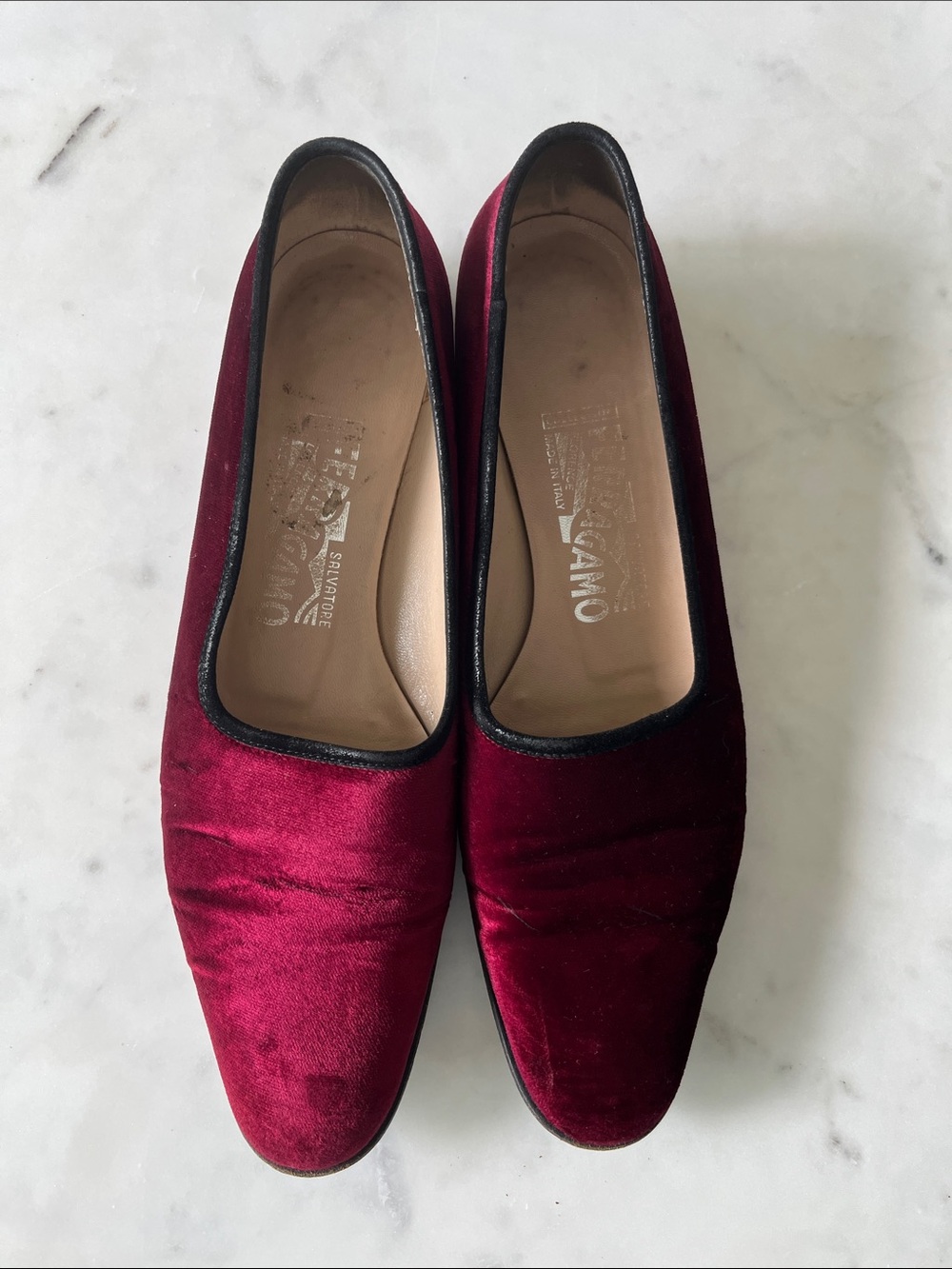 Salvatore Ferragamo Burgundy Velvet Slip-On Loafers with Black Trim - Picture 2 of 3